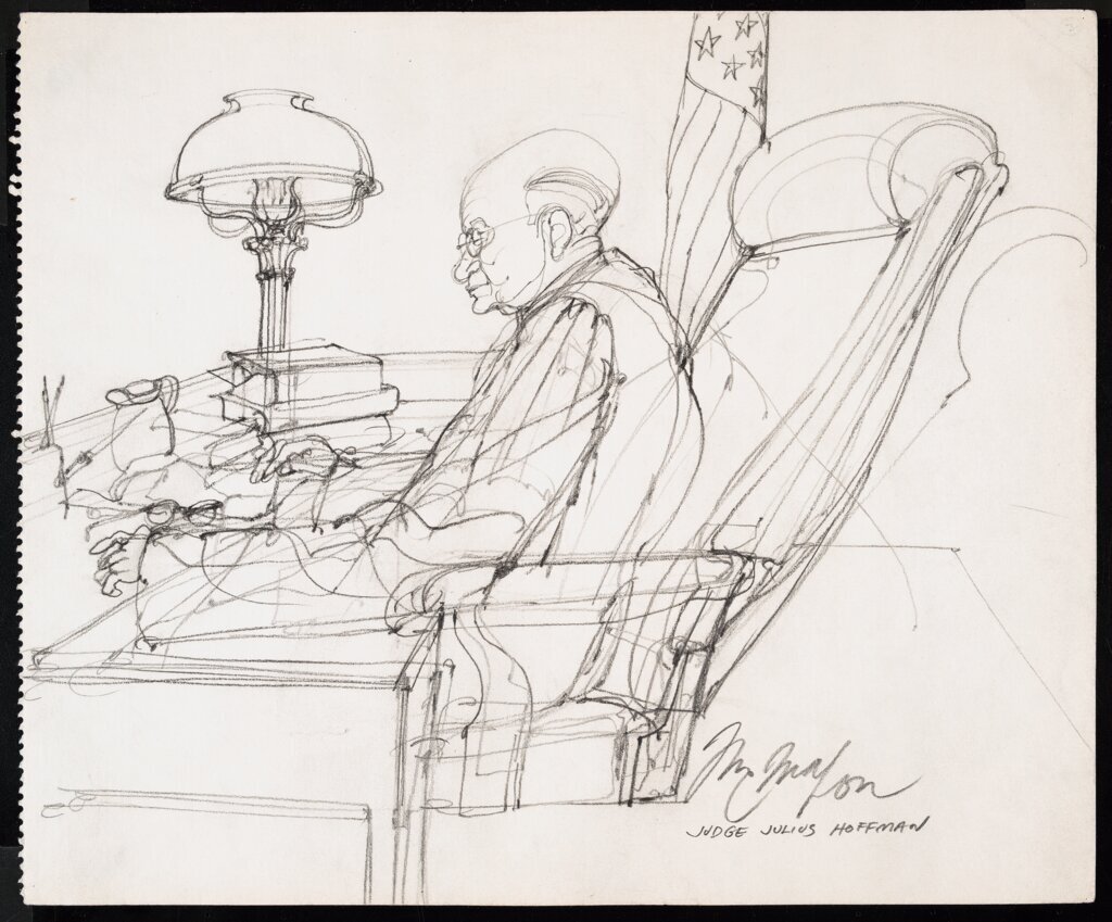 Judge Julius Hoffman at bench at Chicago Seven (Chicago Eight) Trial - McMahon, Franklin
