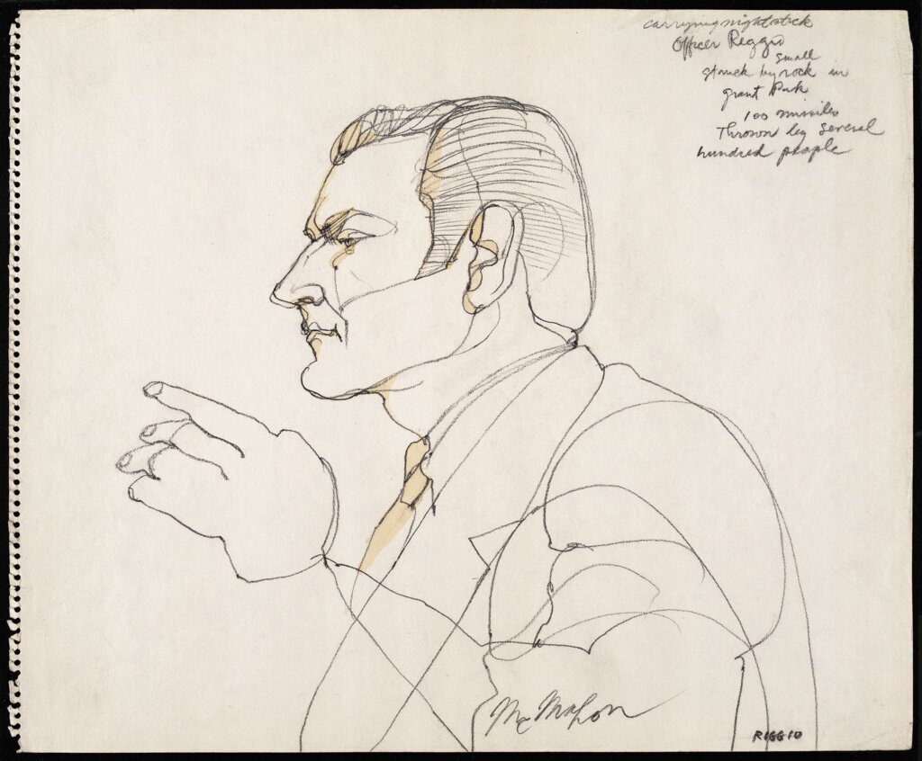Prosecution witness Frank Riggio, Chicago Police Detective, testifying at Chicago Seven (Chicago Eight) Trial - McMahon, Franklin
