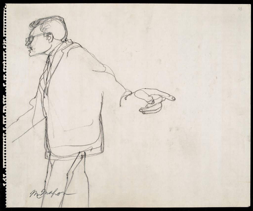 Prosecuting Attorney Richard Schultz standing and pointing at Chicago Seven (Chicago Eight) Trial - McMahon, Franklin
