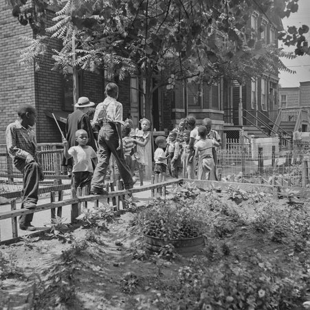 Children outside of 147-149 West 45th Street in Fuller Park - Mead, Mildred