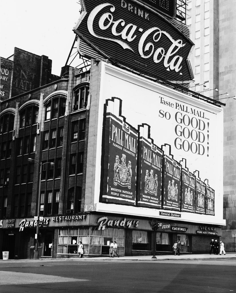 View of Randy's Restaurant at 151 N. Michigan Avenue, with Coca-Cola and Pall Mall cigarette advertisements - Tobias, Robert