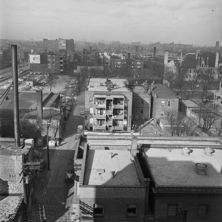 Aerial view at East 50th Street and South Cottage Grove Avenue - Mead, Mildred
