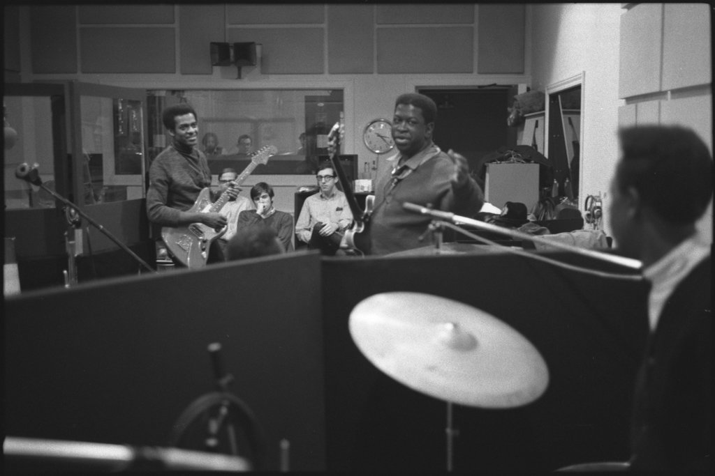 Jimmy Dawkins, Lafayette Leake, Mighty Joe Young, and Eddie Shaw in a recording studio for a Delmark Records recording session - Flerlage, Raeburn, 1915-2002