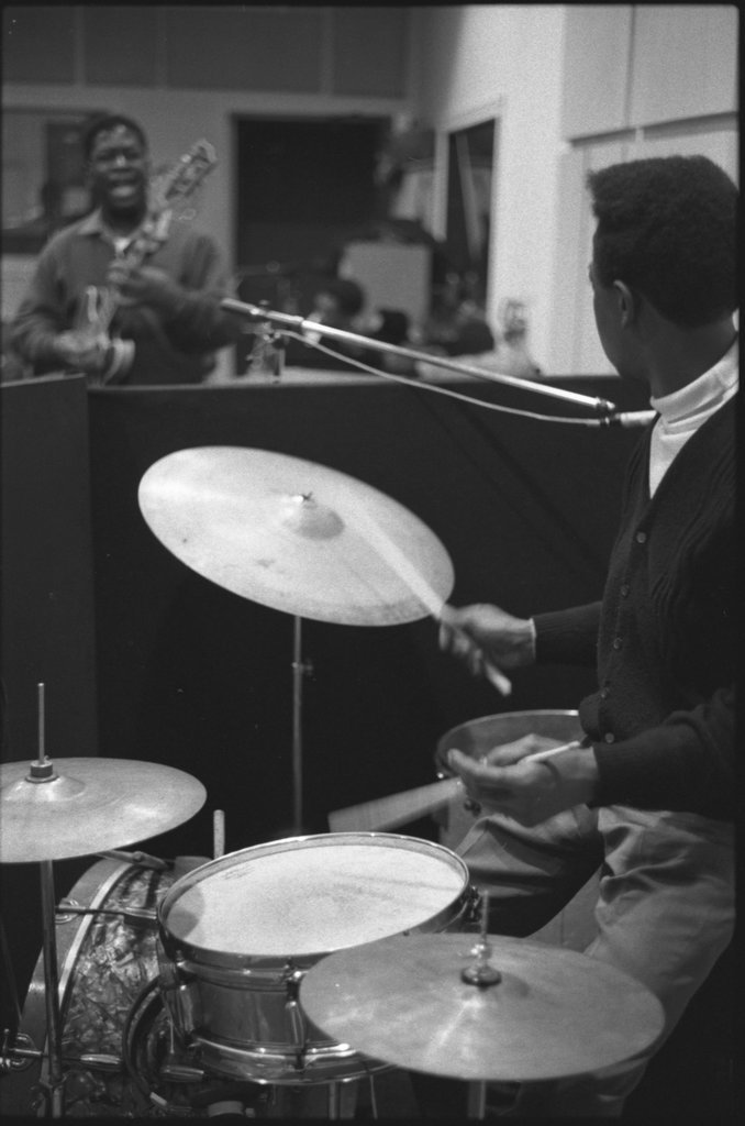 Jimmy Dawkins, Lafayette Leake, Mighty Joe Young, and Eddie Shaw in a recording studio for a Delmark Records recording session - Flerlage, Raeburn, 1915-2002