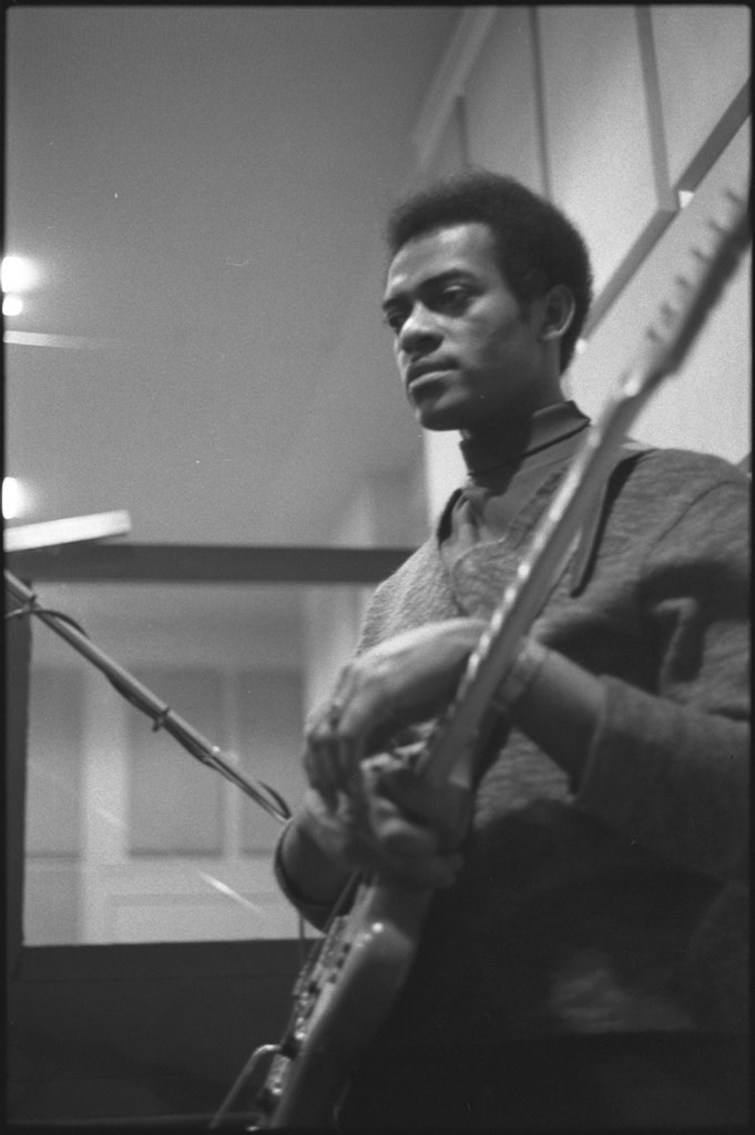 Jimmy Dawkins, Lafayette Leake, Mighty Joe Young, and Eddie Shaw in a recording studio for a Delmark Records recording session - Flerlage, Raeburn, 1915-2002