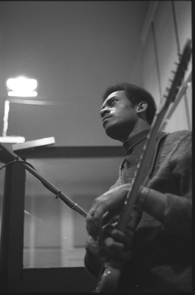 Jimmy Dawkins, Lafayette Leake, Mighty Joe Young, and Eddie Shaw in a recording studio for a Delmark Records recording session - Flerlage, Raeburn, 1915-2002
