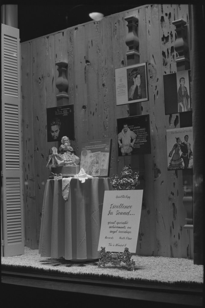 Record album display in Marshall Field's windows - Flerlage, Raeburn, 1915-2002