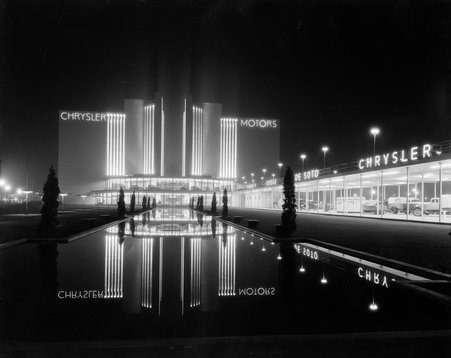 Nighttime view of Chrysler Motors Building with showrooms, Century of Progress International Exposition - Hedrich-Blessing