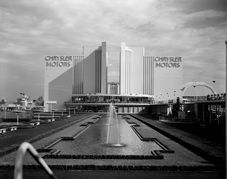 Chrysler Motors Building and fountain - Hedrich-Blessing