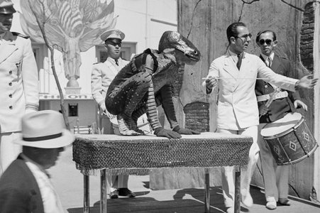 Barker and dinosaur at Century of Progress - Cook, O. L.