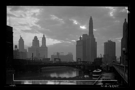 Chicago River, skyline at daybreak From Wacker Drive, Chicago, Illinois - Childs, Charles R., 1875-1960
