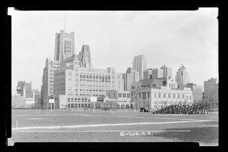 Northwestern University, McKinlock Memorial Campus, skyline from athletic field, Chicago, Illinois - Childs, Charles R., 1875-1960