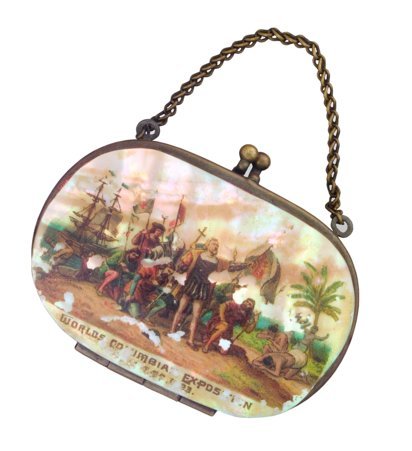 World's Columbian Exposition souvenir coin purse with a painted scene depicting the landing of Christopher Columbus