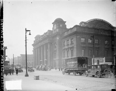 Northwestern railroad station at West Madison and Canal Streets, viewed at an angle from across the street - Chicago Daily News, Inc.