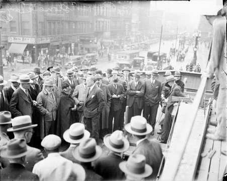 Walter Strong, owner of the Chicago Daily News, standing with other people at laying of cornerstone for new building - Chicago Daily News, Inc.
