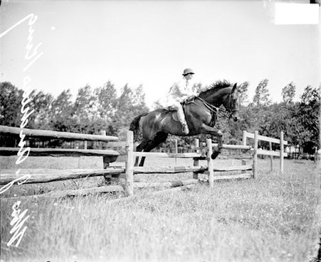 Mrs. John Andrew King with horse, jumping over hurdle - Chicago Daily News, Inc.