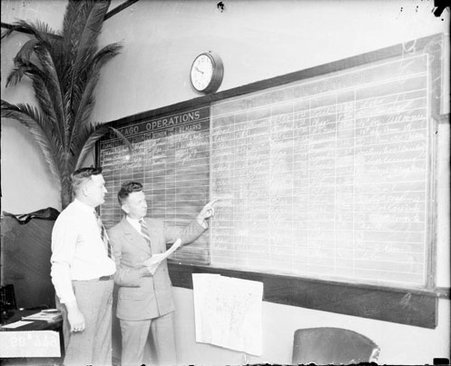 William Bliss and C. B. Sinclair standing in front of a grid on a chalkboard which reads: Chicago Operations, Remarks - Chicago Daily News, Inc.