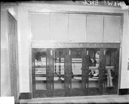 Entrance doors to the new Chicago Daily News building, viewed from inside the building - Chicago Daily News, Inc.