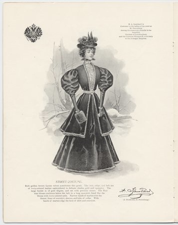 Fashion illustration titled Street Costume by A. Izambard (St. Petersburg), published in Coming Styles Designed by the Great Costumers of Europe - Izambard, A.