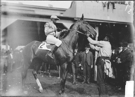 Racehorse, Flying Torpedo, being positioned for viewing in a paddock by an African American jockey and a handler - Chicago Daily News, Inc.