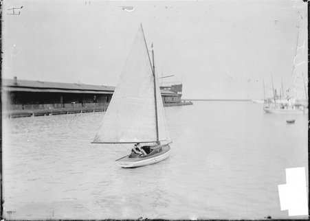 Yacht, Cricket, sailing out of a harbor, Lake Michigan - Chicago Daily News, Inc.