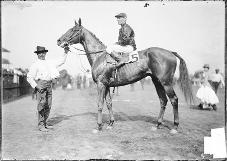 Racehorse, Highball, standing on racetrack near paddock, jockey mounted, African American handler holding reins - Chicago Daily News, Inc.
