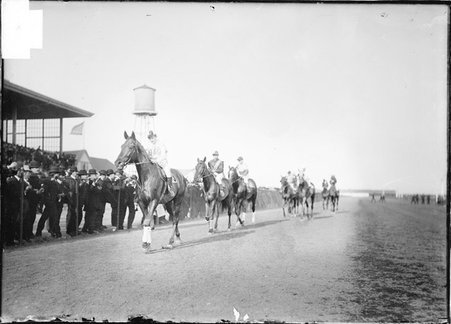 Horse racing, racehorses, with jockeys mounted, walking along track past spectators, Worth Race Track, - Chicago Daily News, Inc.