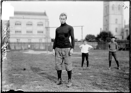 Football player, H. Speik, University of Chicago, standing at Marshall Field near goal post, facing the camera - Chicago Daily News, Inc.