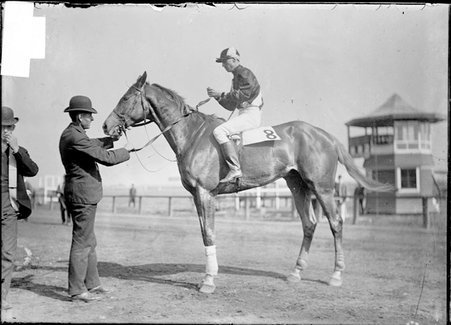 Racehorse, Burleigh, with jockey mounted, standing on track with handler attending, Worth Race Track - Chicago Daily News, Inc.