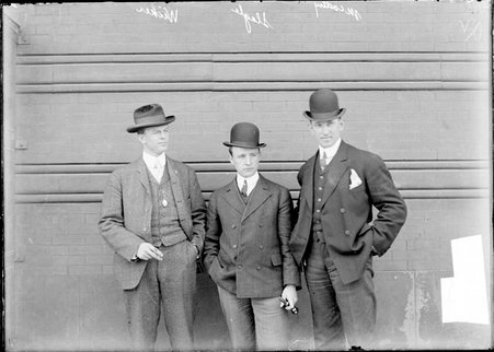 Baseball players, Jack McCarthy, Jimmy Slagle, and Bob Wicker, Chicago Cubs, standing outdoors - Chicago Daily News, Inc.