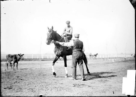 Racehorse, Big Ben, with rider and trainer, standing in paddock area - Chicago Daily News, Inc.