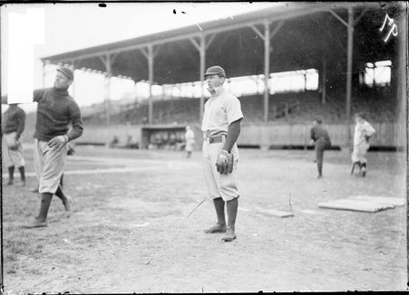 Baseball player, Shad Barry, Chicago Cubs, warming up, West Side Grounds - Chicago Daily News, Inc.