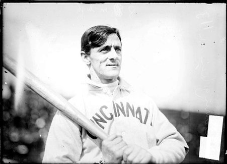 Baseball player, Jimmy Sebring, Cincinnati Reds, holding bat, standing on field, West Side Grounds - Chicago Daily News, Inc.