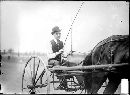 Driver W. W. Hayes, at the reins of an unidentified racehorse riding in a two-wheeled cart on the track at the West Side Club - Chicago Daily News, Inc.