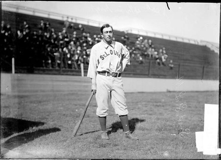 Baseball player, Homer Smoot, St. Louis, leaning on bat, West Side Grounds - Chicago Daily News, Inc.