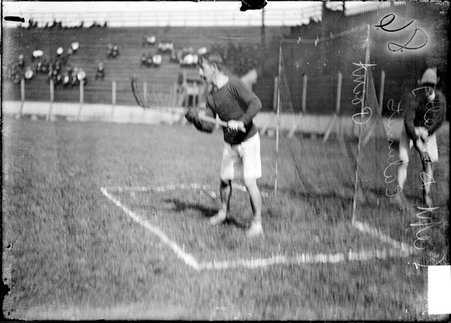 Lacrosse player Captain Donnelly, tending the goal during a match involving the Calumet team played at South Side Park - Chicago Daily News, Inc.