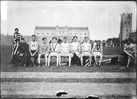 Athletes, Wooden, Wilkins, Kellogg, Seward, Scheid, Friend, Draper, and Buckley gathered at Marshall Field - Chicago Daily News, Inc.
