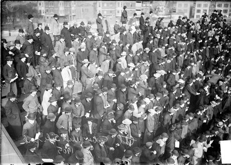 Baseball, West Side Grounds spectators (from above) standing in the left field bleachers - Chicago Daily News, Inc.