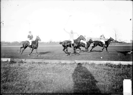 Polo players riding ponies on a field, player in the center has his mallet raised, ready to hit the ball a few feet in front of him - Chicago Daily News, Inc.