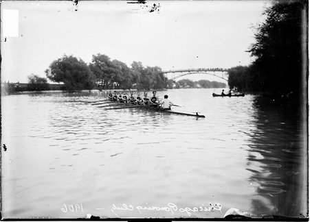 Lincoln Park Rowing Club members in a shell on the water in Lincoln Park in the Lincoln Park community area - Chicago Daily News, Inc.