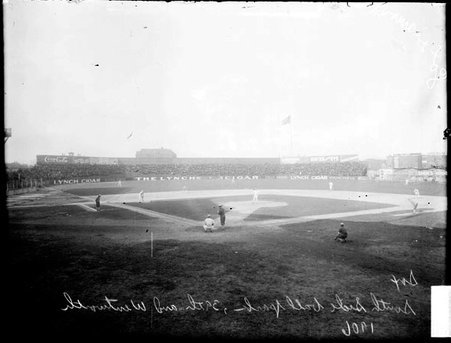 Chicago White Sox in the field and an opposing player at bat during game at South Side Park - Chicago Daily News, Inc.
