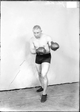 Pugilist John Willie, standing in a boxing stance in front of a light-colored backdrop in a room - Chicago Daily News, Inc.