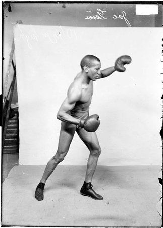 Boxer, Joe Gans, standing, bending right elbow, raising left hand, in front of a backdrop - Chicago Daily News, Inc.