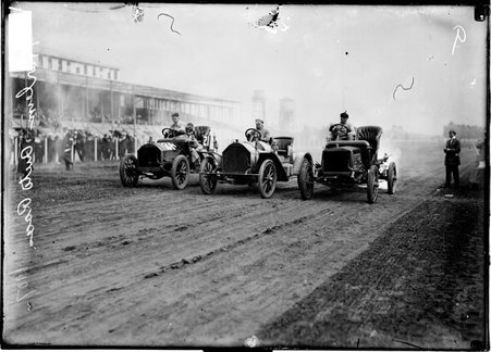 Automobile racing, 24 Hour Race, three drivers sitting in their racing cars at Harlem Race Track - Chicago Daily News, Inc.