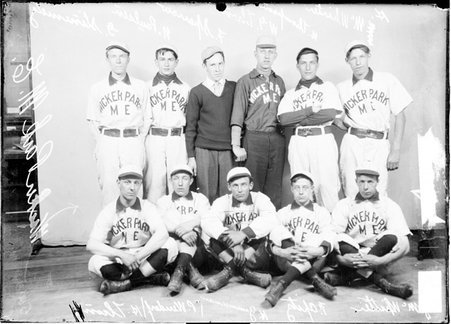 Baseball team, Wicker Park M. E., posing against backdrop - Chicago Daily News, Inc.