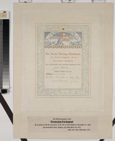 Nobel Prize Certificate awarded to Jane Addams - Nobel Committee of the Norwegian Parliament