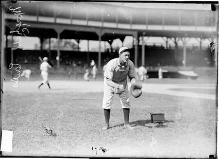Chicago Cubs baseball player catcher W. R. Marshall, standing ready to catch a ball on the field at West Side Grounds - Chicago Daily News, Inc.