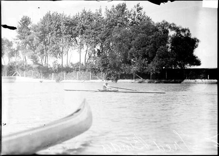 Rower, F. W. Binder, rowing, with front end of scull visible - Chicago Daily News, Inc.