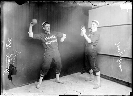 Indoor baseball players, Art Juul and Harry Coon, Bartlet Pattern & Co. team - Chicago Daily News, Inc.