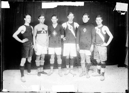 Basketball players, L. H. Kittell, C. Smithson, George Miller, E. Schwarzman, R. A. Steimert and H. Sissman, First Regiment team - Chicago Daily News, Inc.